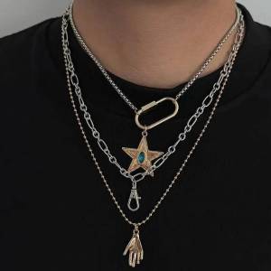 Ingemark | Ingemark 3 Pcs/Set Trendy Star Palm Key Pendant Necklace for Men Hip Hop Retro Multi Layer Thick Metal Chain Jewelry on the Neck