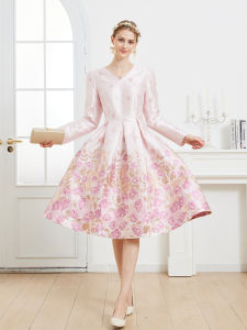 Đầm Dự Tiệc Dài Tay Cổ Chữ V Thêu Màu Hồng Lãng Mạn Theo Phong Cách Pháp Thanh Lịch Dành Cho Khách Dự Tiệc Cưới