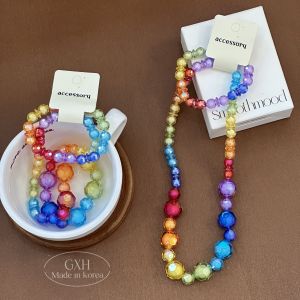 Summer Candy Style Princess Cut Beads Necklace Set for Baby Girls Color Collision Jewelry Combination Kids Fashion Accessories