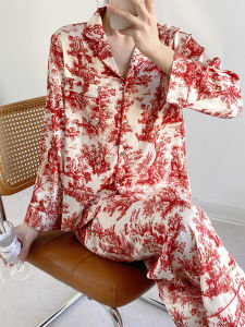 Rich Home ชุดนอนสตรีพันทองผ้าไหมน้ําแข็งแขนยาวชุดฤดูใบไม้ผลิกางเกงขายาวสไตล์บางชุดแต่งงานสีแดง