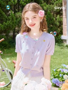 HEYINI | Áo Blouse Knit Mỏng Màu Tím Ngắn Đáng Yêu