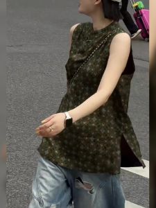 Stylish Simplified Green Chinese Vest Stand Collar Slit Sleeveless