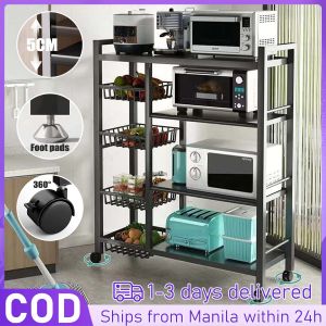 Kitchen Shelves With 3 Basket Thicken Kitchen Racks Organizer Shelf With Wheels Microwave Shelf Rack Oven Rack Fruit Vegetable Condiments Racks Organizer Movable Kitchen Organizer Space Saver Layer Height Adjustable