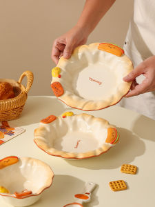 Creative Relief Dessert Plate Pasta Dinnerware Breakfast Plate Attractive Ceramic Plate Home Use Food Plate Underglaze Color