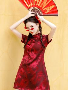 Dragon Pattern Stylish Cheongsam Chinese Style Retro Cheongsam Modern Bright Red Bridesmaid Dress Artsy Performance and Show Skirt