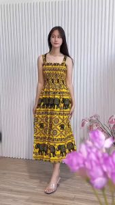 เดรสบ่าย่น เดรสยาว ลายช้าง ผ้าเรยอน เด็ก/ผู้ใหญ่ S M L งานไทย100%