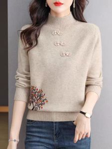 Loose Knitted Woolen Sweater Womens Fashionable High Collar Overhead Autumn Winter Mommy Style Top Long Sleeve Regular Fit