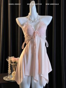 Chic Butterfly Knot Ice Silk Strap Sleep Dress with Chest Pad Pure Desire Style Comfortable Sleepwear Short V-Neck Dress