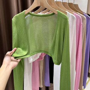 Knitted Ice Silk Pashmina Shawl for Women Summer Anti-Sun Protection Short Sleeve Green Color Air Conditioner Outerwear Cardigan