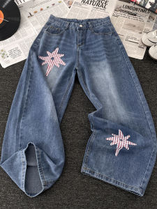 Loose Straight American Style Mens Jeans Star Patchwork Denim Pants Cat Whisker Wide Leg Trousers Autumn Fashion Trend