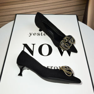 Elegant Velvet Floral High Heels Work Shoes Sharp Pointed Toe Thin Stiletto Commute Professional Black Womens Fashion Shoes