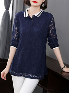 Spring & Fall Middle-Aged Mom Long Sleeve Lace Mid Length Long Length Bottoming Shirt Tops Spring Womens New Lapel T-shirt Small Shirt