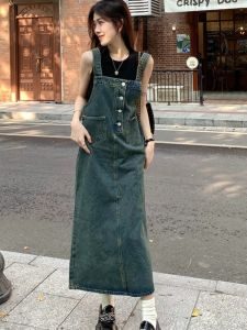 Summer New Womens Denim Halter Dress Mid-Length Slimming Washed Single-Buckle A-Line Skirt High Waist Spring Fashion Commute
