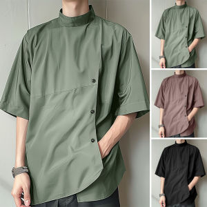 INCERUN Mens Handsome Half-High Neck Slanted Placket Shirts Mid-Sleeve Plain Fashion Blouse (Korean Style) #240903