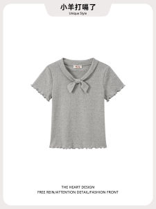 เสื้อยืดคอวีผู้หญิงสไตล์เกาหลี แขนสั้น ทรงเข้ารูป ลายผีเสื้อ ทรงเข้ารูป สีเทา ทรงเข้ารูป แขนสั้น คอวี ทรงเข้ารูป