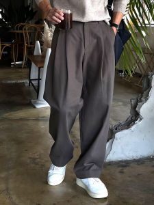 Quần Tây Nam Ống Đứng Gấp Đôi Màu Xám Đậm Quần Dài Thường Ngày Mùa Thu Đông Quần Dài Ống Rộng Thoải Mái Quần Dài Công Sở Cao Cấp
