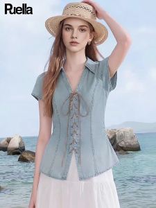 puella | Áo Jean Tay Ngắn Dây Buộc Eo Phong Cách Hàn Quốc Cổ Điển