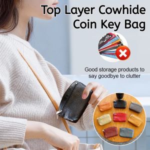 Top Layer Cowhide Coin Key Bag Retro Card Holder Storage Women Cute Pouches Moneybag