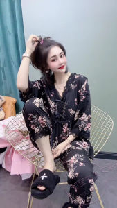 Floral Print Home Clothes Set Womens Three-Quarter Sleeve V-neck Lace Trim Butterfly Knot Long Pants Sleepwear Two-piece Set