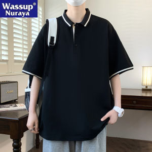 Wassup Nuraya Mens Short Sleeve Polo Shirt Loose Fit Summer Youth Fashion Polyester Fiber Block Pattern Casual Top