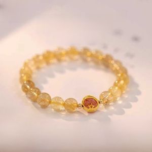 Puer Mountain Natural Blonde Crystal Bracelet for Women Retro Style Polished Natural Crystal Semi-Precious Stone Hand String
