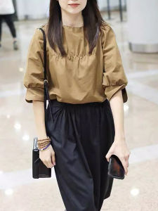 Fashionable Black High Waist Midi Skirt Womens mid Sleeve Top Elastic Waist Spring Summer New Style Korean Style A-Line Skirt