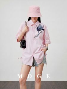 Artistic Print Pink Turn-down Collar Short Sleeve Loose Shirt