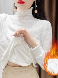 เสื้อเชิ้ตคอวีบุลูกไม้บุด้วยผ้าตาข่ายหนาสำหรับผู้หญิงในฤดูใบไม้ร่วงและฤดูหนาว เสื้อชั้นในแบบมีฮู้ด ทรงเข้ารูป สไตล์เกาหลี