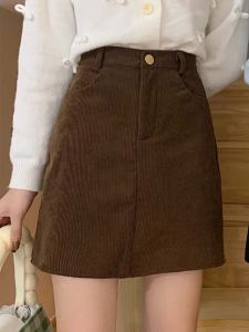 Caramel Colored High Waist Corduroy A-Line Mini Skirt for Women plus Size Slimming Short Skirts Autumn Winter Fashion