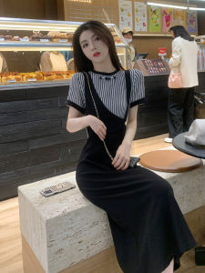 Black French-Style Strapless Dress for Women Summer 2024 New Slimming Anti-Aging Fake Two-Piece Pullover Midi Skirt