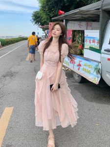 Gentle French Style Square Collar Long Dress Pink Dopaamine Summer Elegant Beautiful A-Line Skirt Soft Chiffon No Brand Commute