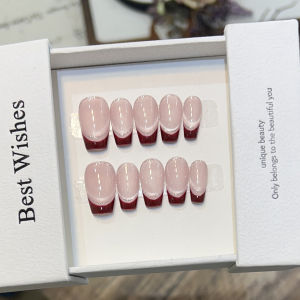 10Pcs Cat Eye French Short Almond Handmade Fake Nails with Diamond Decoration Design Nail Art Simple Fashion Press on False Nail