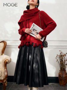 Festive Matching Sweater and Scarf Red Furry Balls Round Collar