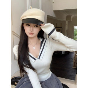 College Style Navy Collar Knitted Sweater Womens Base Layer Slimming Red Christmas Color Soft Long Sleeve Breathable Polyester Fiber