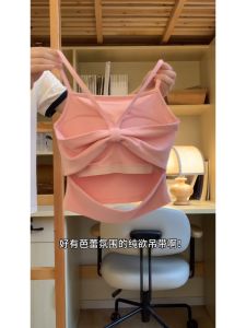 Pink Bow Decorated Strapless Bralette Summer New Arrival Naked Back Design Single Piece Sweet Style Sleeveless Crewneck Short Length