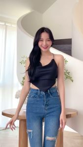 Dluve - Hightwaist Jeans Cutbray Sobek Wanita Premium  Korean Style V02