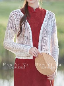 เสื้อคาร์ดิแกนผ้าโพลีเอสเตอร์แขนยาวคอวีลายลูกไม้บางสำหรับใส่ไปทำงานในฤดูใบไม้ผลิและฤดูร้อน เสื้อคลุมกันแดดสำหรับใส่กับกระโปรง