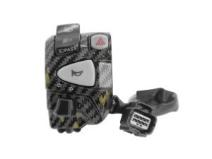 BangRen motorcycle handlebar switch with carbon fiber design. Features include horn button turn signal switch and emergency light button. Fits on handlebar for easy access.