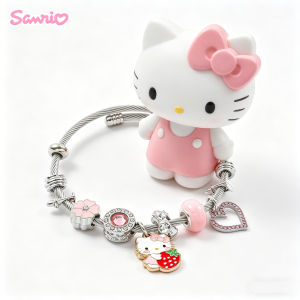 Sanrio | Cute Hello Kitty Charm Bangle Zinc Alloy with Strawberry Flower & Heart Crystal Charms Adjustable Wire Bracelet for Girls