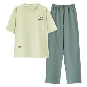 MiiOW | Pure Cotton Summer Sleepwear Womens Casual Short Sleeve Long Pants Home Clothes Set Antibacterial Mite Elimination Cat Person