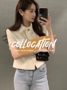 Chic French Style Retro Sweet Lapel Short Tweed Outwear Women Temperament Wild Short Sleeve Single Breasted Tops Women