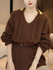 QINGNAER | Plus Size Brown Soft Long Sleeve Knit Sweater Autumn Winter
