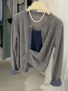 Korean Plaid Knitted Cardigan Womens Autumn Fake Two-Piece Button up Soft Cozy Casual Lazy Outerwear Long Sleeve round Neck