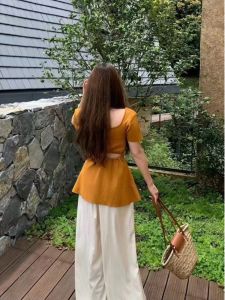 Orange Square Collar Knitted Short Sleeve T-Shirt Womens Summer Unique Hollow out Slimming Top Korean Style Regular Fit