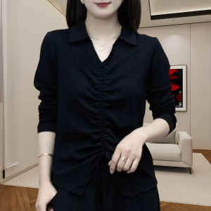 Slim Fit Cotton Shirt V-Neck Polo Collar Base Layer Top for Women Spring Fashionable Tailoring Mom Clothes Waist-Cinching Slimming
