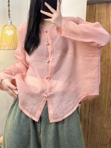 Artistic Vintage Chinese Style Shirt Thin Silk Pure Color Button up Loose Fit Long Sleeve Womens Top Summer 2024