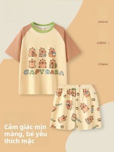 MiiOW | Bộ đồ ngủ cotton mùa hè cho bé trai tay ngắn in họa tiết hoạt hình dễ thương MiiOW phong cách đơn giản thoải mái cho bé trai