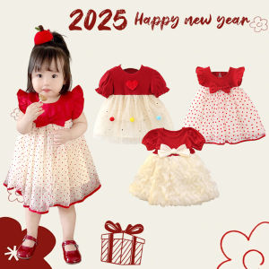 lontakids Toddler Girls Summer Red Knitting Mesh Splicing with Bowtie Princess Dress Kids New Year Birthday Casual Wear