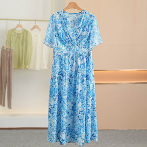 XKing V-Neck Short Sleeve Floral Print Dress Cool Summer New Womens Clothing Elegant Style Polyester Fiber Midi Dress