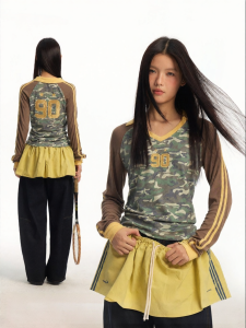 JNXS | Áo Thun Dài Tay Ôm Sơ Mi Camouflage Cổ V